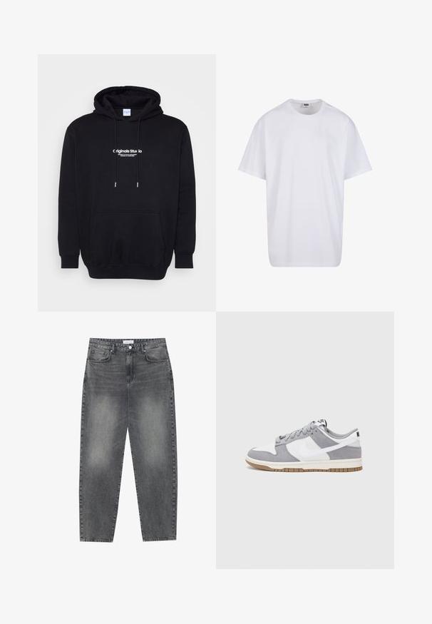 Felpa con cappuccio nera realizzata in tessuto morbido, dotata di una tasca frontale e di un audace testo del logo bianco sul petto. Vestibilità regolare con cordini.; Maglietta bianca in cotone con maniche corte, scollatura rotonda, vestibilità comoda e senza loghi o motivi visibili. Texture liscia e design minimale.; Jeans a vita alta, dal taglio ampio in denim nero sbiadito. Presentano cinque tasche, passanti per cintura e un design dritto e pulito.; Sneaker grigia e bianca con tomaia in suede e pelle, punta arrotondata, lacci piatti e soletta in gomma con un accento color caramello.