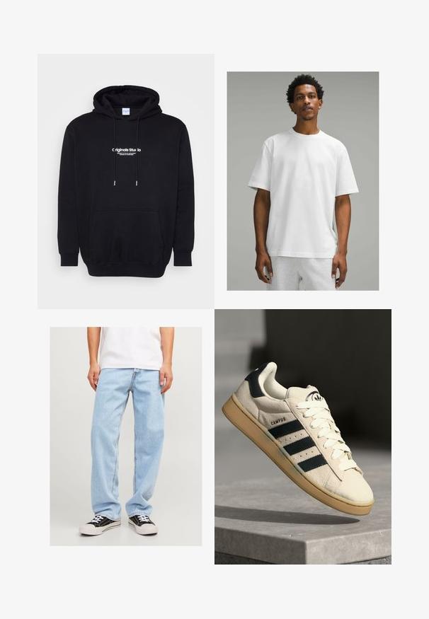 Must have kapuutsiga sweatshirt, mis on valmistatud pehmest kangast, esipocketiga ja julge valge logo tekstiga rinnal. Regulaarne lõige koos tõmblukkudega.; Valge puuvillane T-särk lühikeste varrukatega, ümar kaelus, mugav lõige. Sile tekstuur, lihtne disain, ilma nähtavate mustrite või aktsentideta.; Heledad sinise denim'iga teksased, millel on vabalt istuv lõige, sirge sääre disain ja tavaline õmblus, koos mustade tossudega.; Beež nahast tossud kolme tumesinise triibuga, valged nöörid ja pruun kummitald. Omab logo keelel ja teksti "CAMPUS".