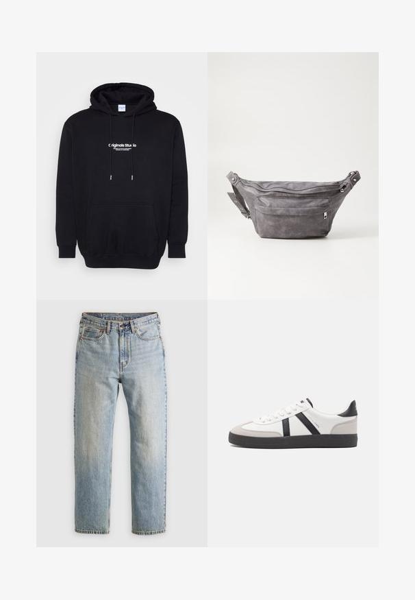 Sweatshirt à capuche noir en tissu doux, avec une poche avant et un texte logo blanc audacieux sur la poitrine. Coupe régulière avec cordons de serrage.; Jean en denim bleu clair à taille haute, avec bouton avant, fermeture éclair et design à cinq poches, posé à plat sur un fond neutre.; Baskets blanches avec des accents noirs et gris, présentant un embout texturé gris, une semelle en caoutchouc noir et des lacets plats blancs. Design épuré, style minimaliste.; Sac banane en suède gris avec une forme arrondie, deux compartiments zippés et une sangle réglable. Comprend des accents en métal.