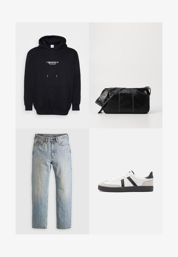 Schwarzer Kapuzenpulli aus weichem Stoff, mit einer Vordertasche und kräftigem weißen Logotext auf der Brust. Normale Passform mit Kordelzügen.; Helle blaue Jeans mit hoher Taille, Frontknopf, Reißverschluss und fünf Taschen-Design, flach auf einem neutralen Hintergrund ausgelegt.; Weiße Sneaker mit schwarz- und grau-aczenten, ausgestattet mit einer strukturierten grauen Zehenkappe, schwarzer Gummi-Sohle und flachen weißen Schnürsenkeln. Sauberes Design, minimalistische Stil.; Schwarze Leder Schultertasche mit Reißverschluss, ausgestattet mit einer strukturierten Oberfläche, weißen Nähten und einem Tragegurt mit silbernen Ösen.
