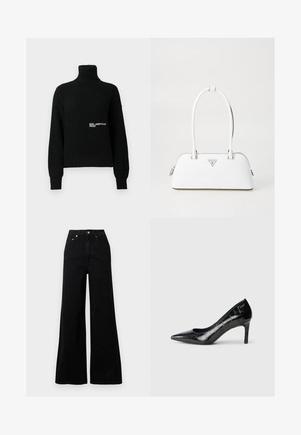 Črn rebrast pleteni pulover z visokim ovratnikom in dolgimi rokavi, na prsih pa bel logotip "Karl Lagerfeld Jeans".; Črne široke jeans hlače iz jeansa, z visokim pasom, petimi žepi, sprednjo zapenjavo na gumbe in minimalnimi šivi.; Črne visoke pete s koničastim prstom, ki imajo sijoč zaključek in subtilen teksturiran vzorec. Imajo zmeren peti in odprt vratni dizajn.; Bela usnjena torba s ukrivljeno obliko, ki ima srebrni trikotni logo in zadrgo. Gladka tekstura in dvojni ročaji.