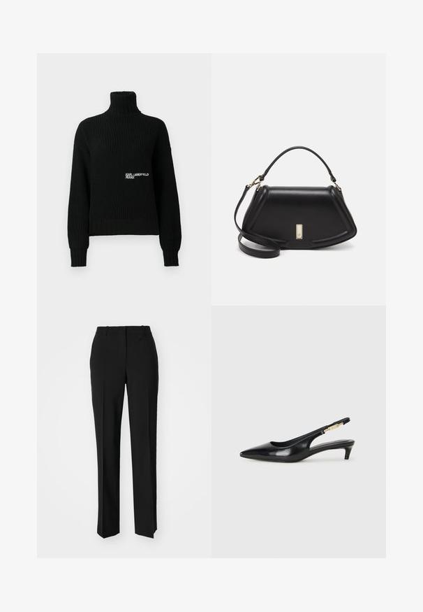 Svart ribbet strikket turtleneck-genser med lange ermer og hvit "Karl Lagerfeld Jeans" logo på brystet.; Sorte skreddersydde bukser med rett silhuett, med en glatt tekstur og klare pressede bretter foran. Ingen synlig maskinvare.; Sorte lærreim hæler med spiss tå, som har en slank hæl og en gullfarget detalj på den justerbare stroppen. Glatt tekstur.; Sort lærveske med en strukturert design, som har en avkortet form, topphåndtak og detaljer i gull. Justerbar skulderstropp inkludert.