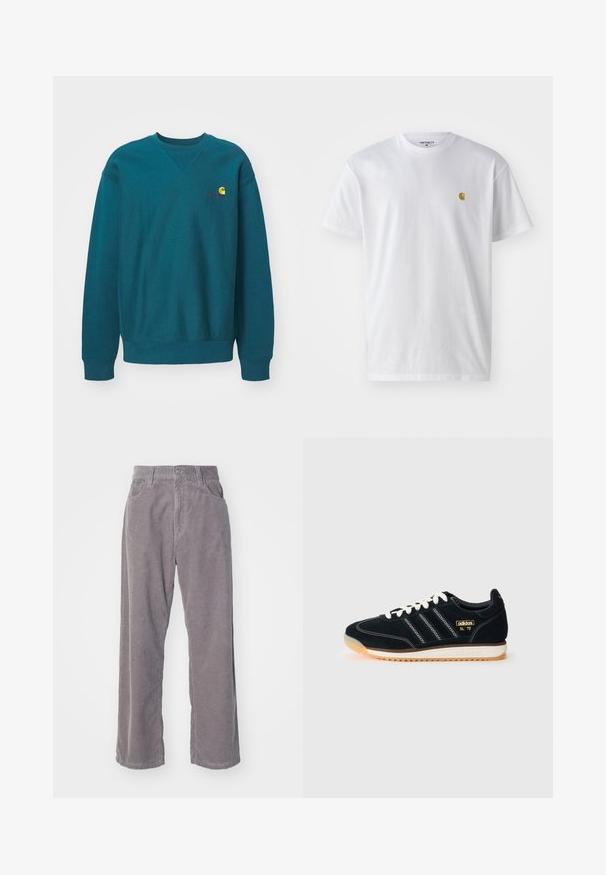 Teal crewneck sweatshirt made of cotton blend fabric. Features ribbed cuffs and hem, with a small embroidered logo on the chest.; White cotton t-shirt with short sleeves, crew neck, featuring a small gold logo on the left chest area. Soft texture and regular fit.; Gray corduroy pants with a wide-leg design, featuring vertical ribbing, a button closure, and two front pockets.; Black suede sneaker with white laces, three white stripes on the side, textured accents, and a rubber sole featuring a slight orange tint.