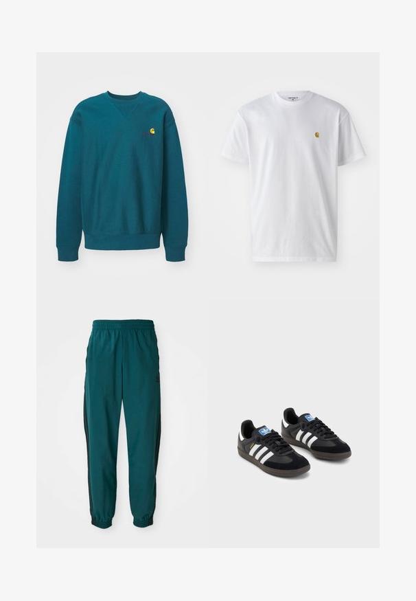 Tiefer Crewneck-Pullover aus Baumwollmischgewebe. Verfügt über gerippte Bündchen und Saum sowie ein kleines gesticktes Logo auf der Brust.; Weißes Baumwoll-T-Shirt mit kurzen Ärmeln, Rundhalsausschnitt, mit einem kleinen goldenen Logo im linken Brustbereich. Weicher Stoff und normale Passform.; Türkise Sporthose mit einem Kordelzugbund, elastischen Bündchen und seitlichen schwarzen Streifen. Hergestellt aus leichtem Stoff und mit einem Logo in der Nähe der Hüfte.; Schwarze Sneaker mit einem Obermaterial aus Wildleder und Synthetik, ausgestattet mit drei weißen Streifen, einer strukturierten Gummi-Sohle und einem blauen Logo-Tag auf der Zunge.