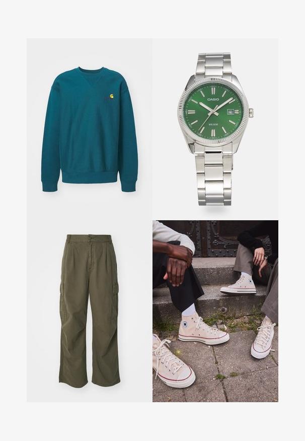 Sudadera de cuello redondo color teal hecha de una mezcla de algodón. Presenta puños y dobladillo acanalados, con un pequeño logo bordado en el pecho.; Pantalones cargo en verde oliva, fabricados en algodón, con un diseño de pierna ancha, pliegues y bolsillos laterales para mayor utilidad.; Zapatillas de lona beige de caña alta con franja roja, suela de goma blanca y ojales de metal, con el icónico logo de estrella en el lateral.; Reloj de acero inoxidable plateado con un dial verde redondo, marcadores de hora plateados, indicador de fecha y una pulsera de eslabones de metal. Resistente al agua hasta 50 metros.