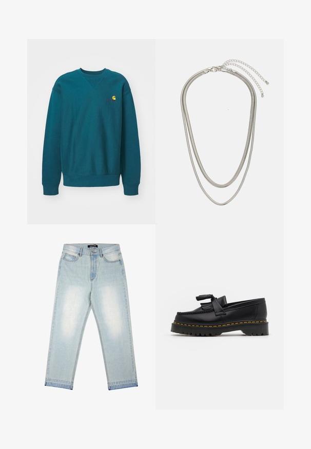 Teal crewneck collegepaita, valmistettu puuvillasekoitteesta. Sisältää joustavat hihansuut ja helman sekä pienen brodeeratun logon rinnassa.; Pegador BARROW - Loose fit -farkut - sand washed blue; Musta nahkakengät, joissa on tupsuakkentti, paksu musta pohja ja keltainen ommel reunassa. Rakeinen pinta.; Kolmikerroksinen hopeametallinen kaulakoru, jossa on tyylikkäitä, joustavia ketjuja, joissa on hieno kiilto. Kaulakoru on kiinnitetty hummerilukolla ja siinä on säädettävä ketju.