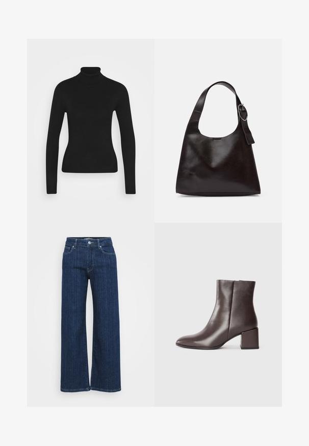 Fekete garbó pulóver hosszú ujjakkal, sima kötött anyagból készült. Feszes fazonú, bordázott gallérral rendelkezik.; Sötétkék, bő szárú farmernadrág, közepes derekú fazonnal, két elülső zsebbel és varrásokkal díszített varratokkal.; Barna bőr bokacsizma elegáns dizájnnal, hegyes orral és négyzet alakú kocka sarkával. Simává finomított textúra és minimalista sziluett.; Barna bőr válltáska sima felülettel, lekerekített formával, széles pánttal és kör alakú fém akcentussal a fogantyún.