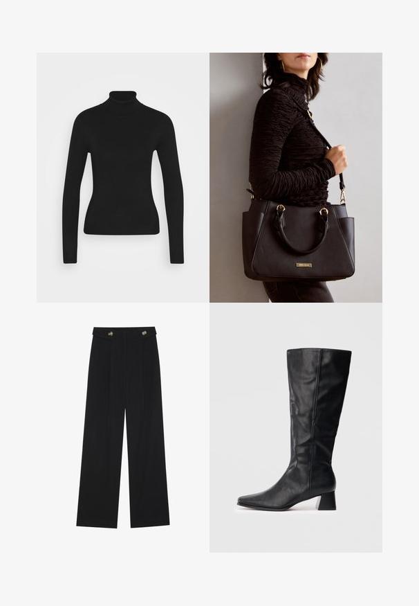 Svart høyhalset genser med lange ermer, laget av et glatt strikket stoff. Har en tettsittende design og en ribbestrikket krage.; Svart vide bukser med høy midje, knappdetaljer på midjebåndet og frontplisser.; Svart lærstøvel til midt på leggen med spiss tå og blokkhels på enkel lys bakgrunn.; Svart håndveske med teksturert overflate, doble topphåndtak og justerbar skulderrem. Har detaljer i gulltone og sidelommer.