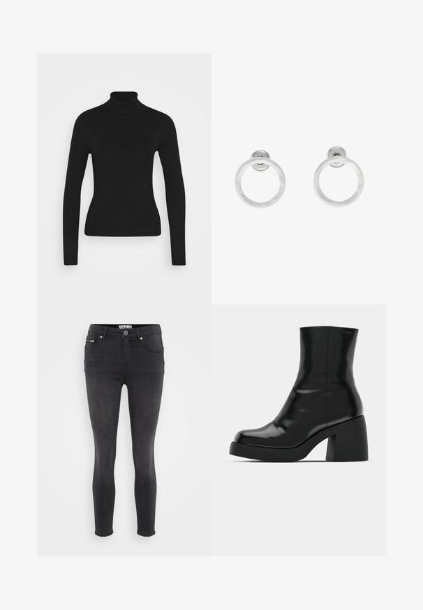 Mustmustik turtleneck sviiter pika varrukaga, valmistatud siledast kudumisest. Omab kitsast disaini ja soonikkoes kraed.; Mustad mustad teksad. Ees on nööp sulgemine ja sirge tasku vööl. Sile tekstuur minimaalsete plekkidega.; Mustad mustad, läikiva viimistlusega, ruudukujulise varbaga ja paksu plokktallaga. Kujundus sisaldab sujuvat siluetti ja minimaalset brändimist.; Hõbedased metallist rõngastooted, millel on harjatud tekstuur, ümmargune disain ja selge tagumine post, tagamaks kindlat kandmist.