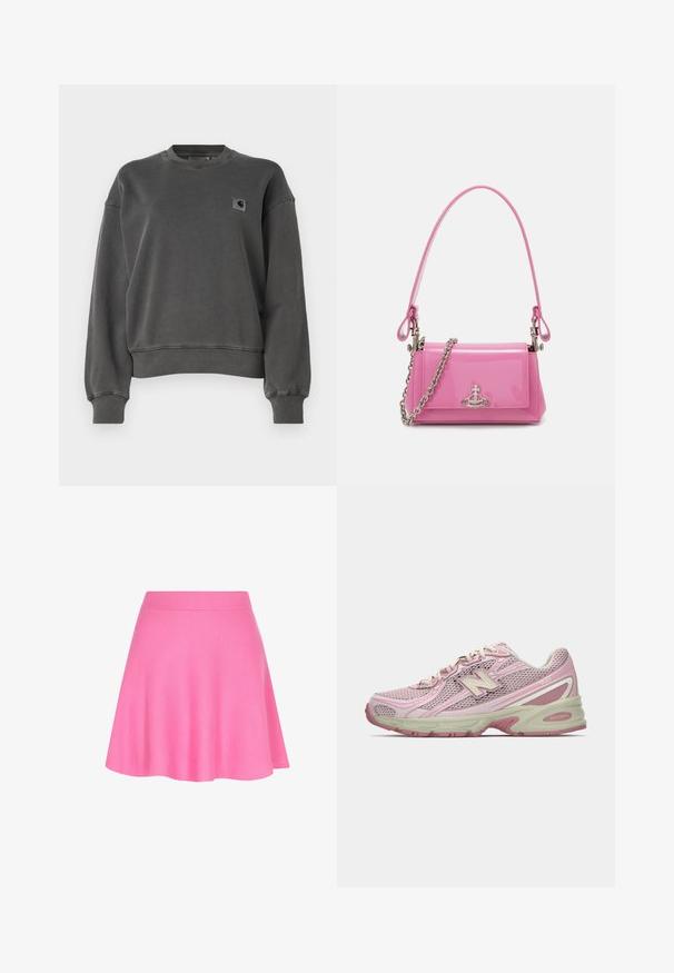 Carhartt WIP NELSON - Mikina - graphite; Ružová pletená sukňa s priliehavým pásom a rozšíreným strihom, vyrobená z jemnej látky, ktorá pridáva hladkú textúru.; Ružová a béžová teniska New Balance 740 so sieťovinovým a syntetickým zvrškom, šnurovaním a polstrovanou podrážkou, zobrazená z bočného profilu.; Ružový lesklý kožený kabelka s obdĺžnikovým tvarom, odnímateľným reťazovým popruhom a striebornými kovovými detailmi na prednej strane.
