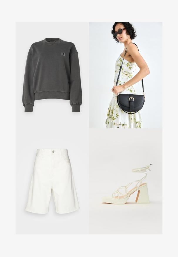 Carhartt WIP NELSON - Felpa - graphite; Bermuda di jeans bianchi a vita alta, con chiusura frontale a bottone, due tasche laterali e una vestibilità comoda. Tessuto liscio senza motivi visibili.; Sandalo bianco con tacco alto, caratterizzato da un design a cinturini e un legaccio alla caviglia. Texture liscia con una piattaforma frontale per un'altezza aggiuntiva.; Borsa a tracolla nera in pelle con una forma curva, manico rimovibile e accessori dorati. La borsa presenta una patta con un dettaglio a fibbia.