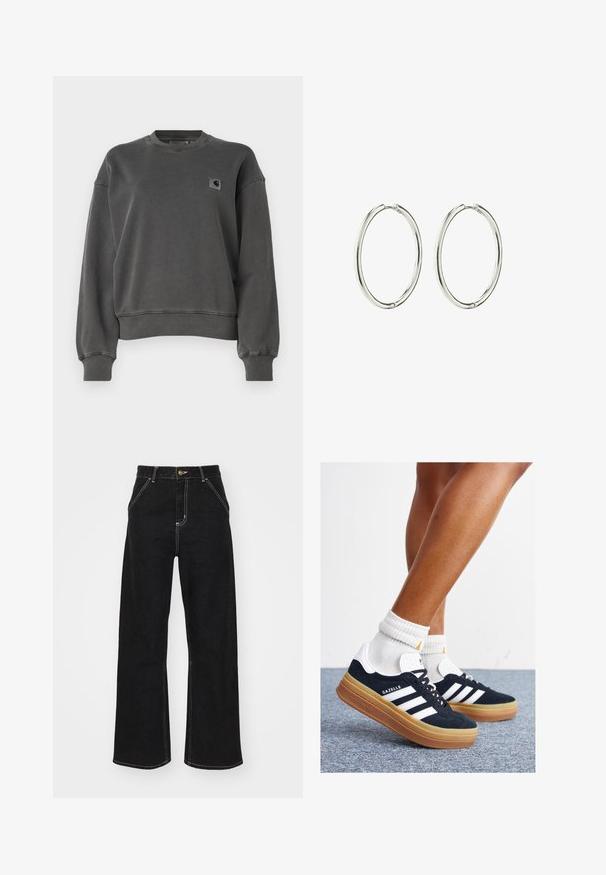 Carhartt WIP NELSON - Ikdienas džemperis - graphite; Melnas platajās biksēs, kas izgatavotas no denima, ar kontrastējošas baltas šuves un priekšējo pogu aizdari, kā arī divām slīpajām priekšējām kabatām.; Melnas zamšādas sporta kurpes ar baltām svītrām un akcentiem, apaļa purngala daļa, gumijas zole, kopā ar baltām ribotām sporta zeķēm.; Sudraba riņķveida auskari ar gludu, pulētu apdari. Apaļas formas, viegla konstrukcija, ar drošu aizdari.