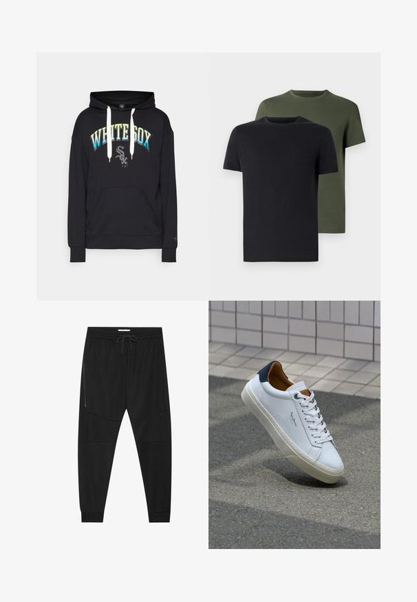 Melna kapuce ar priekšējo kabatu, kurā ir uzraksts "WHITE SOX" gradientā no zila uz zaļu un logo apakšējā priekšā. Klasisks dizains.; Divi apģērbi ar apaļu kakla izgriezumu - melns un olīvzaļš, izgatavoti no mīksta kokvilnas auduma. Dizains ir vienkāršs, ar īsām piedurknēm un taisnu griezumu.; Melnas sporta bikses, izgatavotas no teksturēta auduma, ar regulējamu jostu, ar rāvējslēdzēju sānu kabatu un sašaurinātiem galiem.; Baltas ādas čības ar tumši zilu papēdi, apaļu purngalu un kontrastējošām brūnām detaļām. Aprīkotas ar plakanu auklu un struktūrētu gumijas zoli.