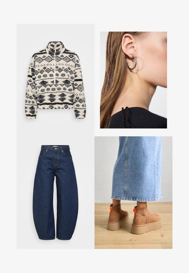 Fleece pullover med høj krave, med en hvid baggrund og sorte geometriske mønstre, herunder diamanter og stiliserede former.; Even&Odd Petite 2 PACK - Top - light grey/black; Mørkeblå denim jeans med høj talje og brede ben, frontknap og lynlås lukning samt klassisk fem-lomme design.; Brune ruskinds platform støvler med elastiske sidepaneler og orange trækstropper, parret med en knælang lys denimnederdel på et trægulv.; Sølv hoop ørestik med en poleret overflade, prydet med små guld accenter og en rund form, båret på øreflippen.