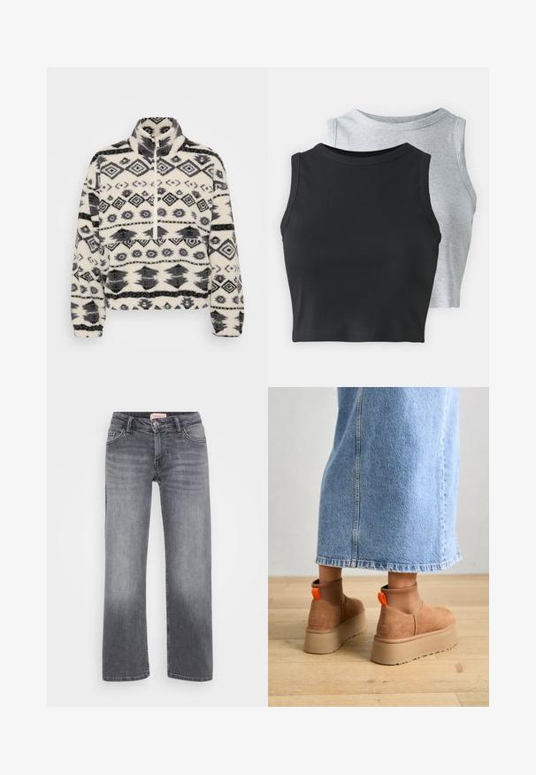 Fleece pullover med høj krave, med en hvid baggrund og sorte geometriske mønstre, herunder diamanter og stiliserede former.; Even&Odd Petite 2 PACK - Top - light grey/black; Grå denim jeans med lige bendesign, fem-lommestil, subtil fading og trykknaplukning i taljen.; Brune ruskinds platform støvler med elastiske sidepaneler og orange trækstropper, parret med en knælang lys denimnederdel på et trægulv.