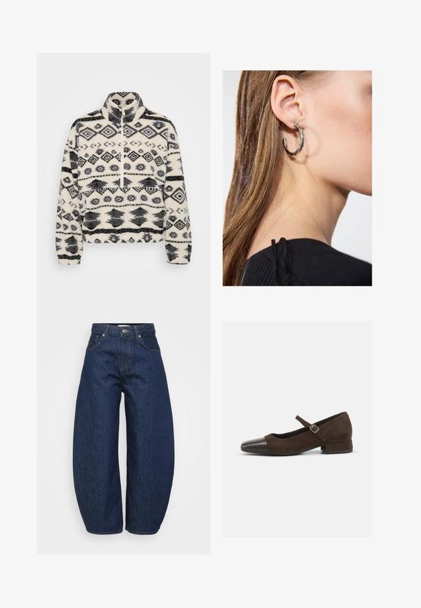Fleece pullover met een hoge kraag, met een witte achtergrond en zwarte geometrische patronen, waaronder diamanten en gestileerde vormen.; Hoge taille donkerblauwe denim jeans met wijde benen, voorzijde met knoop en ritssluiting en klassiek vijf-pocket ontwerp.; Bruine suède Mary Jane-schoen met een zwarte lakleren neuskap, een verstelbare band en een lage blokhak. Gladde textuur met minimale accenten.; Zilveren oorbel met een gepolijste afwerking, met kleine gouden accentdetails en een ronde vorm, gedragen op de oorlel.