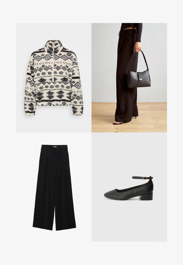 Fleece pullover med høj krave, med en hvid baggrund og sorte geometriske mønstre, herunder diamanter og stiliserede former.; Sorte vide bukser i en tekstureret stofkvalitet, med elastisk talje og et aftageligt bånd i taljen for justerbar pasform.; Sorte læderpumper med spids tå og en lav blokhæl. Har en ankelrem med en guldfarvet spænde. Glat tekstur.; Sort håndtaske med struktureret form, glat overflade og metalspænde. Sammen med brede sorte bukser og sandaler med åben tå på trægulv.