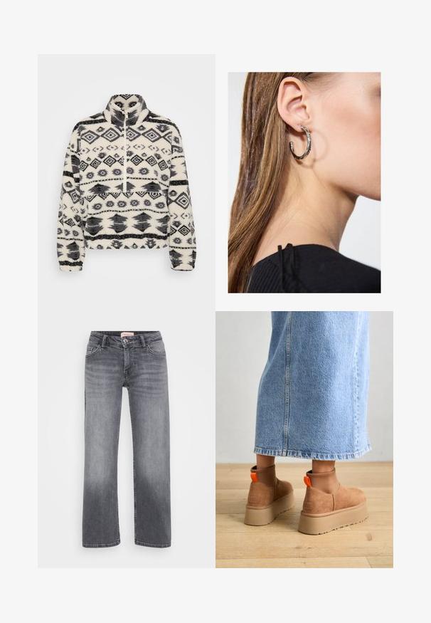 Pullover in felpa con colletto alto, caratterizzato da uno sfondo bianco e modelli geometrici neri, incluse forme a diamante e forme stilizzate.; Jeans in denim grigio con design a gamba dritta, stile a cinque tasche, leggera sbiaditura e chiusura con bottone in vita.; Stivali platform in suede marrone con pannelli laterali elastici e linguette arancioni, abbinati a una gonna di jeans chiara, lunga fino al ginocchio, su un pavimento di legno.; Orecchino a cerchio in argento con finitura lucida, caratterizzato da piccoli dettagli in oro e una forma tondeggiante, indossato sul lobo.