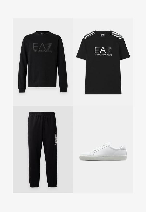 Felpa nera in cotone, con scollo rotondo, maniche lunghe e stampa tono su tono con il logo "EA7 EMPORIO ARMANI" sul davanti.; T-shirt in cotone nero con logo EA7 bianco e testo 'Emporio Armani'. Tre strisce bianche sulle spalle arricchiscono il design.; Pantaloni sportivi neri realizzati in tessuto liscio, con vita elastica e polsini, e un logo a contrasto stampato sul lato.; Sneaker bianco con tomaia in pelle liscia e profilo basso. Presenta una punta arrotondata, sei occhielli e una suola in gomma testurizzata.