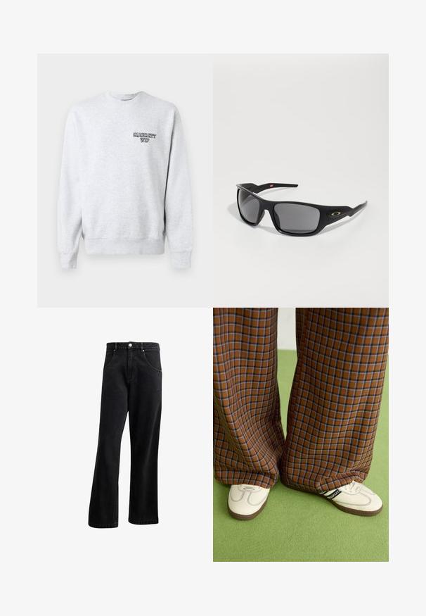 Sweatshirt cinza com decote redondo, punhos e barra canelados. Apresenta um pequeno logo preto "Carhartt WIP" no lado esquerdo do peito. Material em mistura de algodão.; Jeans de ganga preta com um design de perna reta, apresentando bolsos frontais, fecho de botão e uma leve textura. Inclui um detalhe de logótipo discreto.; Calças largas em padrão xadrez castanho e azul, combinadas com sapatos brancos com detalhes pretos e solas texturizadas, contra um fundo verde.; Óculos de sol pretos com forma retangular, feitos de plástico durável, com lentes cinzas e um detalhe dourado na lateral.; Saco preto de ombro com uma textura almofadada, uma forma arredondada e uma alça larga, apresentando um logótipo em relevo na parte da frente.
