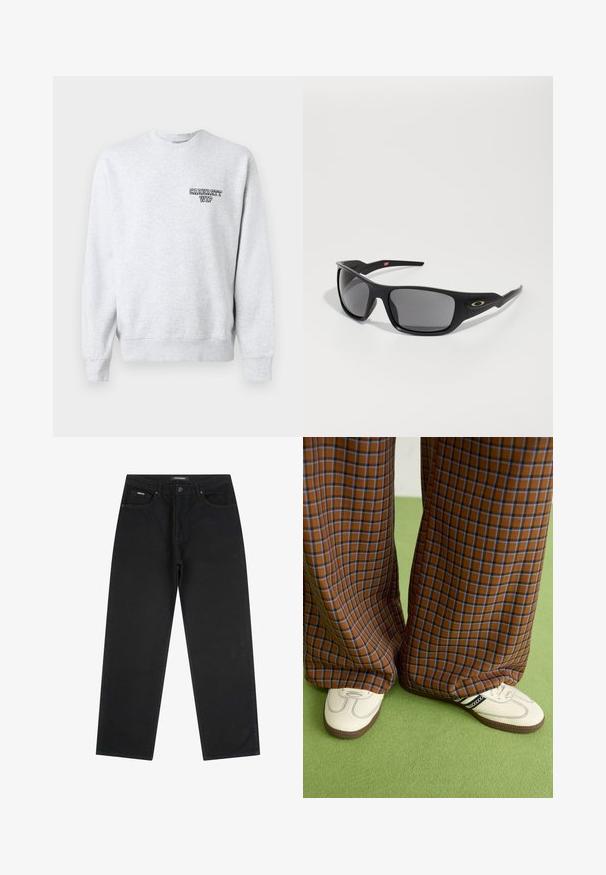 Szürke pulóver kerek nyakkal, bordás mandzsettával és alsó szegéllyel. Egy kis fekete "Carhartt WIP" logó található a bal mellen. Pamut keverék anyag.; Fekete egyenes szabású farmernadrág elülső gombbal és cipzárral, övakasokkal és öt zsebbel, fehér háttéren kiterítve.; Barna és kék kockás, bőrt lábú nadrág, fehér cipővel, fekete részletekkel és texturált talppal, zöld háttér előtt.; Fekete napszemüveg, téglalap alakú, tartós műanyagból készült, szürke árnyalatú lencsékkel és arany díszítéssel az oldalon.