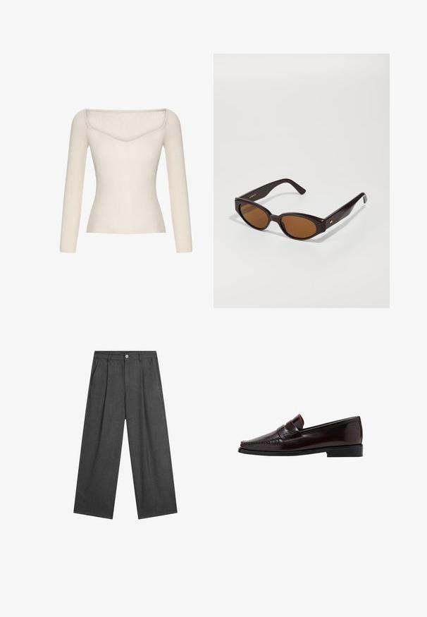 Geribbelde, off-shoulder top in lichtcrème kleur met een aansluitende silhouet en lange mouwen. De V-vormige halslijn accentueert het ontwerp.; Donkergrijze, ruime broek met subtiele streepjes, plooien aan de voorkant en een enkele knoopsluiting bij de taille.; Bruine leren instapper met een moccasin-stijl voorkant, verhoogde stiksels langs de voet en een lage zwarte rubberen zool. Glad, gepolijst oppervlak.; Faux cat-eye zonnebril met donkerbruine kunststof monturen en bruine glazen. Bevat gouden logo-details op de arm en een gladde, glanzende textuur.; Zwarte leren schoudertas met een gebogen vorm, gladde textuur en een lange verstelbare strap. Bevat een subtiele knoopdetail en heeft een minimalistisch ontwerp.