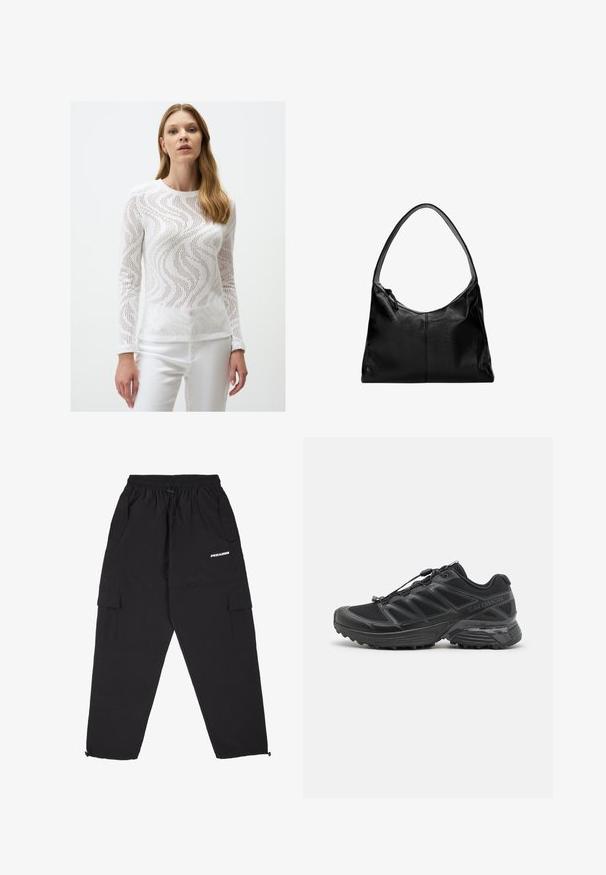 Weißes Langarmoberteil mit einer gewellten Ausschnittmuster, aus leichtem Strickstoff, mit rundem Halsausschnitt und Bündchen.; Pegador YURI TRACKSUIT PANTS - Jogginghose - black; Schwarzer Laufschuh mit Obermaterial aus Mesh und Synthetik, flexibler Sohle und elastischen Schnürsenkeln. Verfügt über eine gepolsterte Zwischensohle für zusätzlichen Komfort.; Schwarze Leder-Umhängetasche mit glatter Textur, geschwungenem oberen Rand und einem einzigen Tragegurt. Sie verfügt über einen Reißverschluss und ein minimalistisches Design.