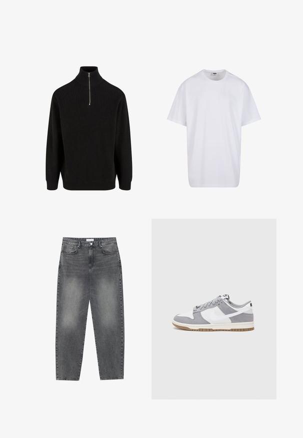 Schwarzer gerippter Rollkragenpullover mit einem halben Reißverschluss, langen Ärmeln und einer lockeren Passform. Strukturierte Strickware in einfarbigem Design.; Weiße Baumwoll-T-Shirt mit kurzen Ärmeln, rundem Ausschnitt, lockerer Passform und ohne sichtbare Logos oder Muster. Glatte Textur und minimalistisches Design.; Hoch taillierte, locker sitzende Jeans aus verwaschenem schwarzem Denim. Verfügt über fünf Taschen, Gürtelschlaufen und ein sauberes, gerades Bein-Design.; Nike-Sneaker verfügen über ein graues Wildleder- und weißes Lederoberteil mit Perforationen, runden Schnürsenkeln und einer Gummisohle für besseren Halt.
