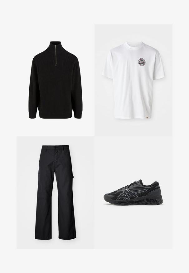 Black ribbed turtleneck sweater with a half zip closure, long sleeves, and a relaxed fit. Textured knit fabric with a solid color.; White cotton t-shirt with a round logo on the chest. Crew neckline, short sleeves, relaxed fit, featuring red and black accents.; Black, wide-leg trousers made of durable fabric. Features a button closure and side pockets. Smooth texture with a clean design.; Men's running shoes in black mesh with reflective silver accents, featuring a cushioned sole and a textured surface for grip.