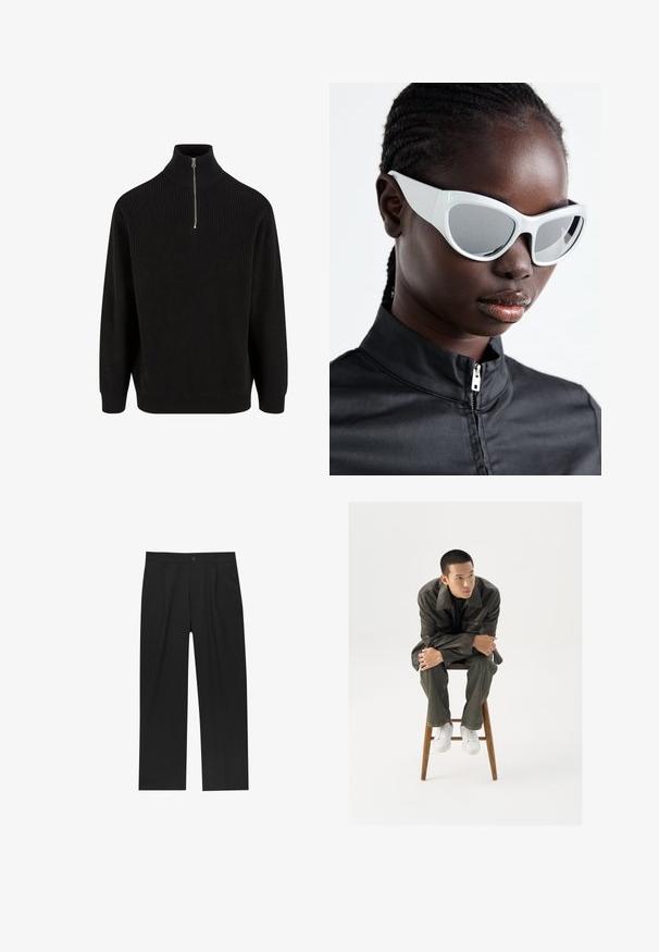 Mustat ribbipintaiset pooloneuleet, joissa on puolivetoketju, pitkät hihat ja rento leikkaus. Teksturoitu neulosmateriaali ja yksivärinen.; Mustat housut suoranlahkeisella muotoilulla, valmistettu sileästä kankaasta. Ominaisuuksiin kuuluu etupleateet ja yksi nappikiinnitys vyötäröllä.; Ruskea nahkatakki, jossa on leveä kaulus, yhdistetty tummanvihreisiin farkkuihin ja valkoisiin tennareihin. Malli istuu puujakkaralla.; Valkoiset aurinkolasit, jotka on varustettu rohkealla, suurikokoisella muotoilulla ja peililinssillä, joissa on sileät muovikehykset ja korostetut kaarevuudet.