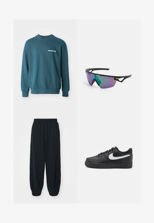 Sweatshirt azul-escuro feito de uma mistura de algodão. Apresenta punhos e bainha canelados, com um logótipo branco "Carhartt WIP" no lado esquerdo do peito. Design simples.; Calças de fato de treino pretas, com cintura elástica e um corte solto, com punhos nas pernas, textura suave e sem padrões visíveis ou detalhes de metal.; Tenis Nike Air Force 1 pretos com parte superior em couro liso, detalhe do logo branco, bico perfurado e sola em borracha texturizada.; Óculos de sol desportivos com uma armação preta, lentes grandes em degrade com tons de roxo e verde, e detalhes em design angular com logótipo.