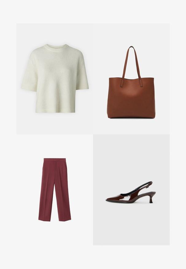 Gina Tricot Maglione - gardenia; Pantaloni larghi bordeaux con una texture liscia, caratterizzati da tasche laterali e una vita alta. Rifiniti con una piega frontale pulita.; Scarpa slingback in pelle verniciata marrone con punta affusolata e tacco moderato. Presenta una fascia con fibbia per una calzata sicura. Tessuto liscio.; Borsa tote in pelle marrone con texture liscia, design con apertura superiore e due spallacci. Presenta cuciture minime e nessun hardware visibile.