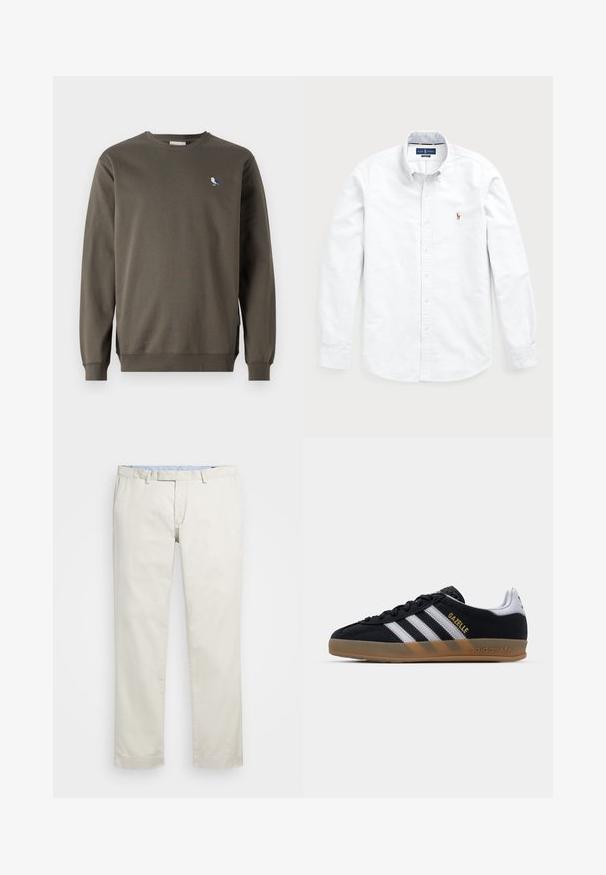 Šedý crewneck sveter vyrobený z bavlny, s malou výšivkou modrej a bielej vtáčika na ľavej strane hrude a ribbovanými manžetami.; Biela košeľa s dlhým rukávom a gombíkmi vyrobená z bavlny. Má rozšírený golier, zapínanie na gombíky a malé vyšívané logo na hrudi.; Béžové bavlnené chinos nohavice s plochým predným dielom, pútka na opasok a bočnými vreckami. Rovný strih s hladkou textúrou a ľahkým, priedušným pocitom.; Čierne semišové tenisky s bielymi pruhmi, tanovou gumovou podrážkou a zlatým logom "Gazelle". Klasický nízky dizajn s textúrovaným vrchom.