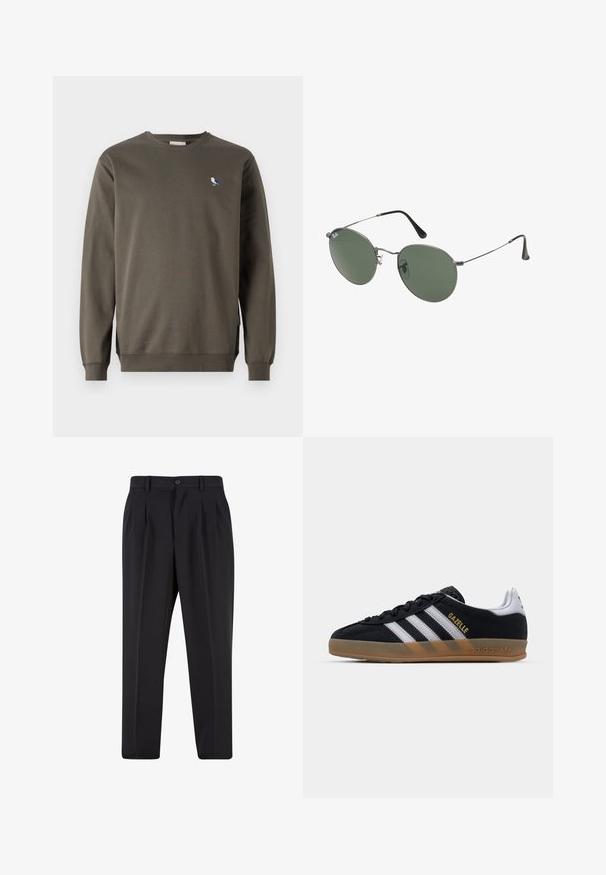 Sudadera gris de cuello redondo hecha de algodón, con un pequeño bordado de un pájaro azul y blanco en el lado izquierdo del pecho y puños acanalados.; Pantalones negros con un diseño de frente plisado, hechos de una tela suave. Cuentan con un cierre de botón y pasadores para cinturón; corte recto.; Zapatillas de ante negras con rayas blancas, suela de goma color beige y logo dorado "Gazelle". Diseño clásico de corte bajo, con una parte superior texturizada.; Gafas de sol con marco de metal y lentes ovalados verdes. Marco delgado de metal plateado y puntas de las orejas negras. Diseño minimalista, sin logotipos visibles.