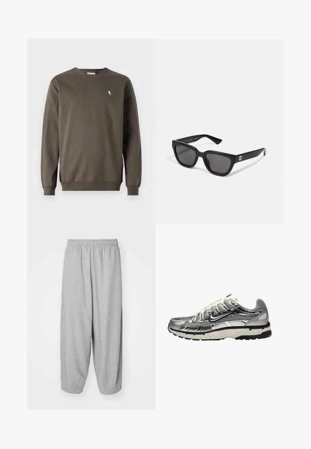 Grijze crewneck sweatshirt van katoen, met een kleine blauw-witte vogel geborduurd op de linkerkant van de borst en geribbelde manchetten.; Lichtgrijze, loszittende sweatpants gemaakt van zachte stof. Elastische tailleband en boorden bij de enkels. Eenvoudig en onversierd ontwerp.; Zilveren en zwarte sportschoen met een bovenwerk van mesh en synthetisch materiaal, een volumineus ontwerp en een gestructureerde afwerking. Voorzien van een gevoerde kraag en een rubberen zool.; Zwarte rechthoekige zonnebril met een glanzende afwerking, donkere lenzen en goudkleurige accenten op de poot met het logo.