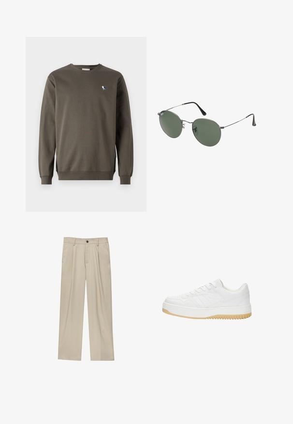 Felpa grigia con collo rotondo in cotone, caratterizzata da un piccolo ricamo di un uccello blu e bianco sul lato sinistro del petto e polsini a coste.; Pantaloni beige a taglio dritto, con un solo bottone nero, passanti per la cintura e tasche laterali. Tessuto dalla texture liscia e design minimale.; Sneaker bianco in pelle con finitura testurizzata, dotata di suola in gomma, design con lacci e sottili accenti a strisce sui lati.; Occhiali da sole con montatura in metallo e lenti verdi ovali. Montatura sottile in metallo argento e terminali neri. Design minimalista, senza loghi visibili.