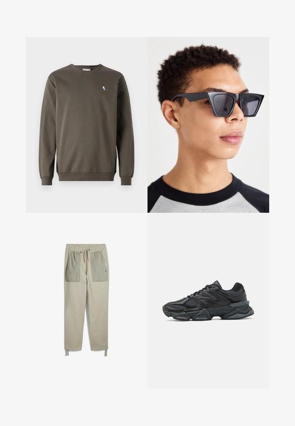 Gray crewneck sweatshirt made of cotton, featuring a small blue and white bird embroidery on the left chest and ribbed cuffs.; Beige pants with an elastic waistband, drawstring, two large front pockets in a lighter shade, and adjustable ankle straps.; Black running shoe featuring a mix of mesh and synthetic materials, chunky sole, curved design, and prominent branding on the side.; Black angular sunglasses with dark lenses, featuring a bold geometric design and a matte finish. Worn by a person with short hair.