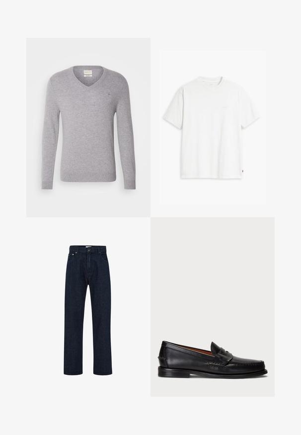 Pilkas vilnos V formos kaklo megztinis su ilgomis rankovėmis, turintis mažą išsiuvinėtą logotipą ant krūtinės, taip pat su raukšlėtais rankogaliais ir apatine dalimi.; Balta medvilninė marškinė su trumpomis rankovėmis, apvaliu kaklu ir subtiliu Levi's logotipu viduryje. Minkšta tekstūra ir standartinė išvaizda.; Tamsiai mėlyni džinsai su aukštu liemeniu, tiesiomis plačiomis kojomis, priekinėmis kišenėmis ir metaliniu mygtuko uždarymu. Klasikinis penkių kišenių dizainas.; Juodos odinės loafers tipo batai su apvaliu pirštu, siuvinėta detalė ir dekoratyvine juostele per priekį. Plokščias padas su minimalia profiliu.