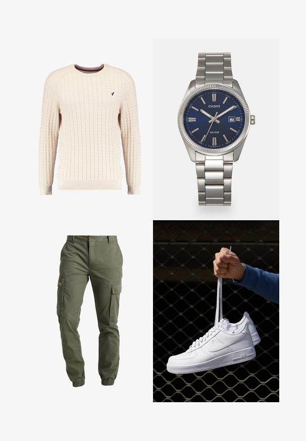Cream cable-knit sweater with long sleeves and a crew neckline. Features ribbed cuffs and hem, with a small embroidered logo on the chest.; Olive green cargo pants with elastic cuffs, multiple side pockets, button closure, and a durable cotton material. Smooth texture.; White leather sneakers with perforations, round toe, flat sole, and thick laces, featuring a visible swoosh logo and "AIR" on the heel.; Silver stainless steel wristwatch with a navy blue dial, metallic hour markers, and a date window at 3 o'clock. Water-resistant to 50 meters.