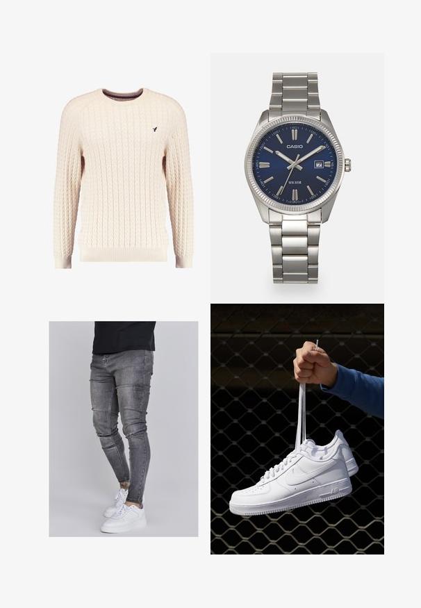 Suéter crema de punto trenzado con mangas largas y escote redondo. Presenta puños y dobladillo acanalados, con un pequeño logo bordado en el pecho.; Jeans ajustados en denim gris desgastado, con detalles desgastados en las rodillas, combinados con zapatillas blancas. Textura suave, diseño de corte slim.; Zapatillas de cuero blanco con perforaciones, punta redonda, suela plana y cordones gruesos, con un logo de swoosh visible y "AIR" en el talón.; Reloj de pulsera de acero inoxidable plateado con una esfera azul marina, marcadores horarios metálicos y una ventana de fecha a las 3 en punto. Resistente al agua hasta 50 metros.
