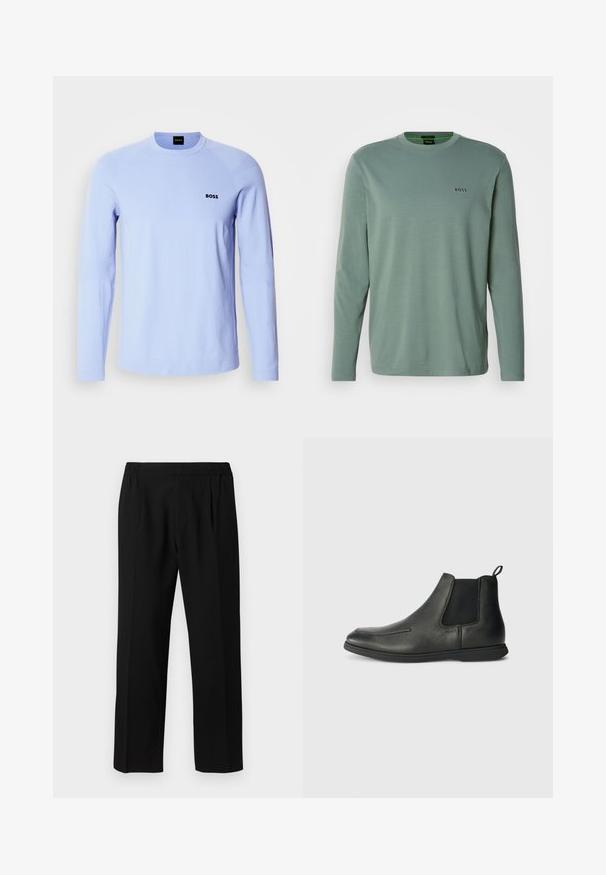 Hellblauer Langarmpullover aus weichem Material mit Rundhalsausschnitt, gerippten Bündchen und einem kleinen schwarzen "BOSS"-Logo auf der Brust.; Helles grünes Langarm-T-Shirt aus weichem Stoff. Verfügt über einen Rundhalsausschnitt und ein kleines, auf der Brust gesticktes "BOSS"-Logo.; Schwarze Hose aus einem glatten Stoff, mit einem elastischen Bund, geradem Bein und zwei Frontfalten für zusätzlichen Detail.; Schwarze Leder-Ankle-Boots mit glatter Textur, elastischen Seitenpanelen und einer Zuglasche auf der Rückseite. Rundspitze und Gummisohle.