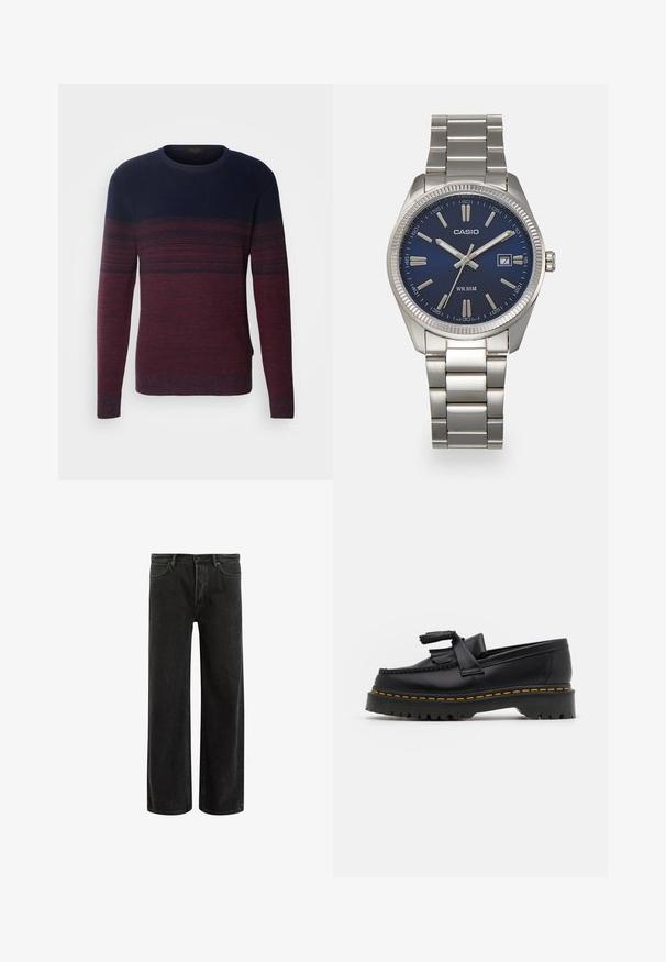 INDICODE JEANS Camisola - russet; Calças largas em denim preto com cintura alta, apresentando um design clássico de cinco bolsos e um desbotamento subtil para uma aparência texturizada.; Mocassim de couro preto com um detalhe de franjas, apresentando uma sola preta robusta e costura amarela ao longo da borda. Acabamento texturizado.; Relógio de pulso em aço inoxidável prateado com um mostrador azul-marinho, marcadores de horas metálicos e uma janela de data às 3 horas. À prova de água até 50 metros.