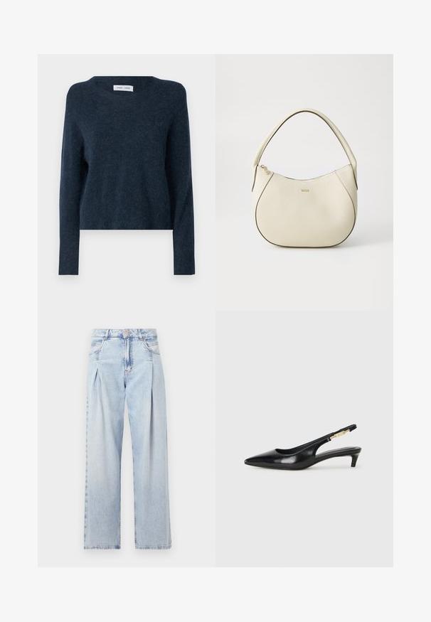 Jūras zila džemperis, izgatavots no mīksta materiāla, ar apaļu apkakli, garām piedurknēm un brīvu piegriezumu ar minimālu tekstūru.; Gaiši zilas džinsu bikses ar augstu jostasvietu, plats kāju griezumu, divām sānu kabatām un krokotā dizaina akcentiem. Mīksta tekstūra ar izdilušu apdari.; Melnas ādas slingback zābaki ar smailu purngalu, ar šauru papēdi un zelta krāsas akcentu uz regulējama siksniņas. Gluda tekstūra.; Krēmkrāsas rokassoma ar teksturētu virsmu, izliekta forma, īss rokturis un zelta tonī logo detaļa. Vāciņš ar rāvējslēdzēju augšpusē.