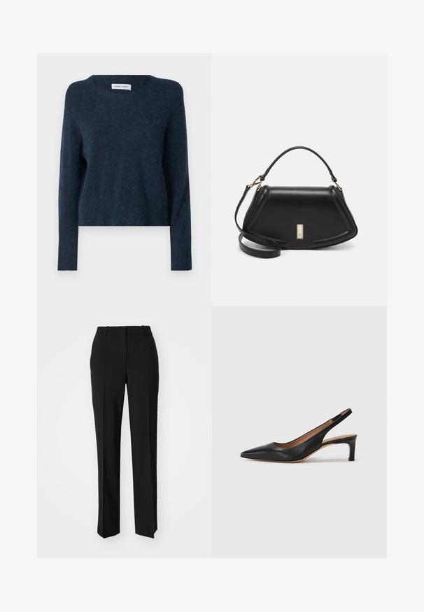 Dunkelblauer Pullover aus weichem Material, mit rundem Halsausschnitt, langen Ärmeln und einer lockeren Passform mit minimaler Textur.; Schwarze, taillierte Hose mit geradem Bein, aus einem glatten Stoff und mit klaren Falten an der Vorderseite. Keine sichtbare Hardware.; Schwarze Leder-Slingback-Pumps mit spitzer Zehenform, niedrigem Absatz und glatter Textur. Verfügt über einen dünnen, verstellbaren Riemen für einen sicheren Sitz.; Schwarze Lederhandtasche mit einem strukturierten Design, das eine verkürzte Form, einen oberen Griff und goldfarbene Hardware-Details aufweist. Verstellbarer Schulterriemen ist enthalten.