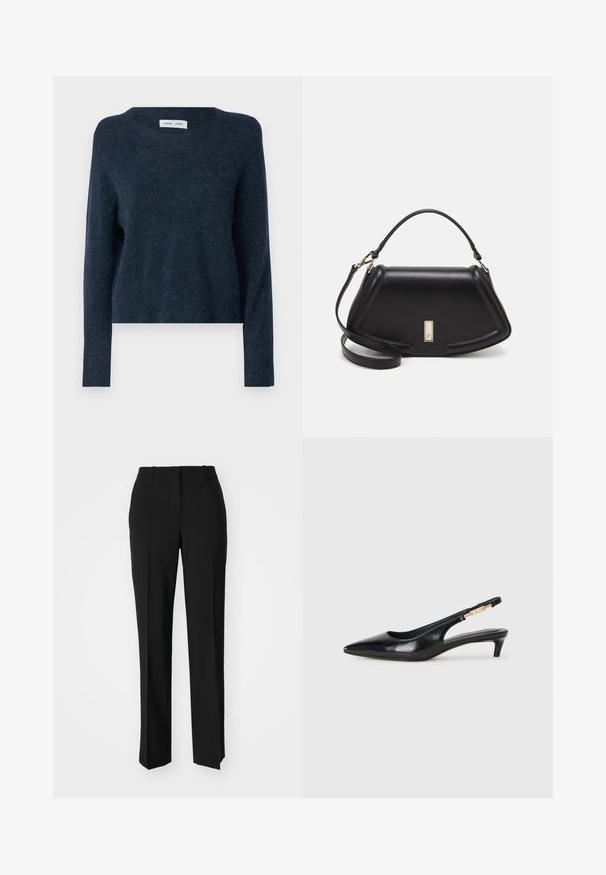Navy blue sweater, made from soft material, features a round neckline, long sleeves, and a relaxed fit with minimal texture.; Black tailored trousers with a straight-leg design, featuring a smooth texture and crisp creases along the front. No visible hardware.; Black leather slingback heels with a pointed toe, featuring a slim heel and a gold-tone accent on the adjustable strap. Smooth texture.; Black leather handbag with a structured design, featuring a cropped shape, top handle, and gold hardware accent. Adjustable shoulder strap included.