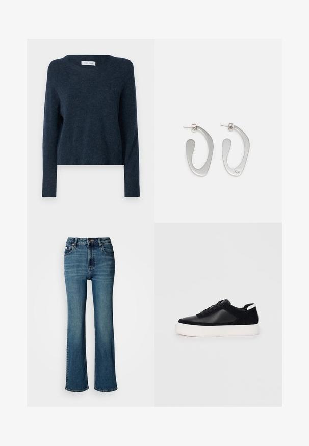 Navyblauwe trui, gemaakt van zacht materiaal, heeft een ronde halslijn, lange mouwen en een losse pasvorm met minimale textuur.; Hogwaardige blauwe jeans van denim, met een rechtzittend ontwerp, subtiele vervaging en een standaard knoop- en ritssluiting.; Zwarte sneaker met glad leer en suede panelen, platte veters, ronde neus en een witte rubberen zool. Duidelijk logo op de hiel.; Zilveren metalen oorbellen met een vloeiende, abstracte vorm en een gepolijste afwerking. Één is geaccentueerd met een kleine kristaldetail.
