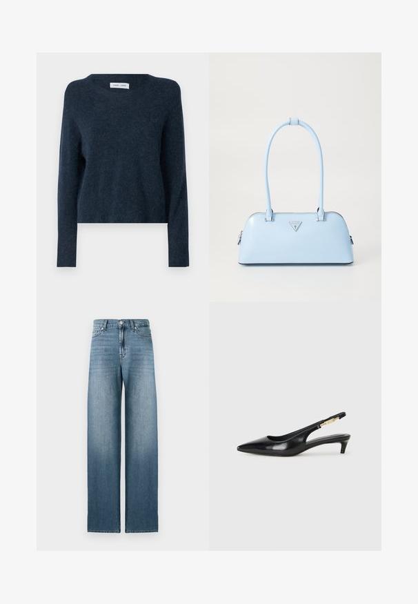 Navy blue sweater, made from soft material, features a round neckline, long sleeves, and a relaxed fit with minimal texture.; Light blue wide-leg jeans made from denim, featuring a high waist, five-pocket design, and subtle fading along the legs.; Black leather slingback heels with a pointed toe, featuring a slim heel and a gold-tone accent on the adjustable strap. Smooth texture.; Light blue handbag with a structured shape, smooth leather material, two handles, and a triangular brand logo on the front. Zippered closure.