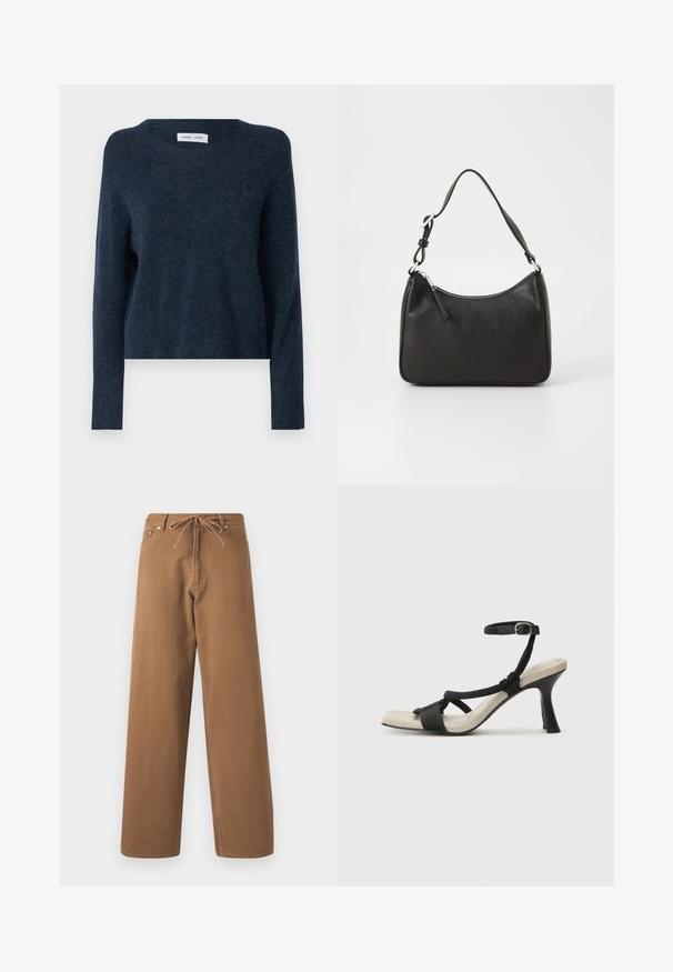 Dunkelblauer Pullover aus weichem Material, mit rundem Halsausschnitt, langen Ärmeln und einer lockeren Passform mit minimaler Textur.; Braune weit geschnittene Hosen aus Baumwolle, mit einem Kordelzugbund und zwei Fronttaschen. Strukturiertes Gewebe mit glatter Oberfläche.; Schwarze Absatzsandale mit geflochtenem Riemendesign, quadratischer Spitze und verstellbarem Knöchelriemen. Helle beigefarbene Sohle mit glänzendem schwarzen Absatz.; Schwarze Lederhandtasche mit geschwungener Form, einem einzigen Tragegurt, Reißverschlussverschluss und dezentem Branding auf der Vorderseite. Glatte Textur, minimalistisches Design.
