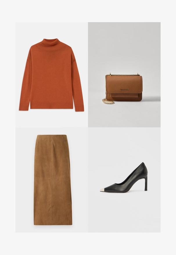 Pull à col roulé en orange brûlé, fabriqué en tricot doux. Caractéristiques : col et ourlet côtelés, silhouette décontractée et manches longues.; Jupe midi en daim marron avec une coupe droite, texture lisse et coutures propres. Ne présente aucun système de fermeture visible ni accents supplémentaires.; Chaussure à talon haut en cuir noir avec bout pointu et capuchon argenté métallique. Présente une finition lisse et un talon fin de 10 cm.; Sac en cuir texturé marron en bandoulière avec une sangle en chaîne dorée et une fermeture à rabat. L'avant présente un détail de logo et une poche sous le rabat.