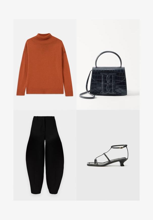 Džemperis ar augstu apkakli, izgatavots no mīksta adījuma, dedzināti oranžā krāsā. Tam ir ribota apkakle un mala, brīvs siluets un garas piedurknes.; Melnbra plaša kāju bikses ar augstu jostasvietu, gludu priekšpusi un sašaurinātiem potītes daļām. Izgatavotas no gludas auduma ar matētu apdari.; Melna ādas sandale ar kvadrātveida purngalu, plānām siksnām, regulējamu potītes siksnu un zemu papēdi. Iezīme ir neliela zelta akcenta detaļa uz siksnas.; Melnas krokodila rakstā izgatavota ādas rokassoma ar strukturētu dizainu, augšējo rokturi, regulējamu siksnu un izteiktu priekšējo logotipa detaļu.